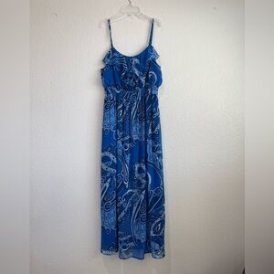 Faded Glory Blue Paisley print maxi dress size XL fully lined ruffles flowing